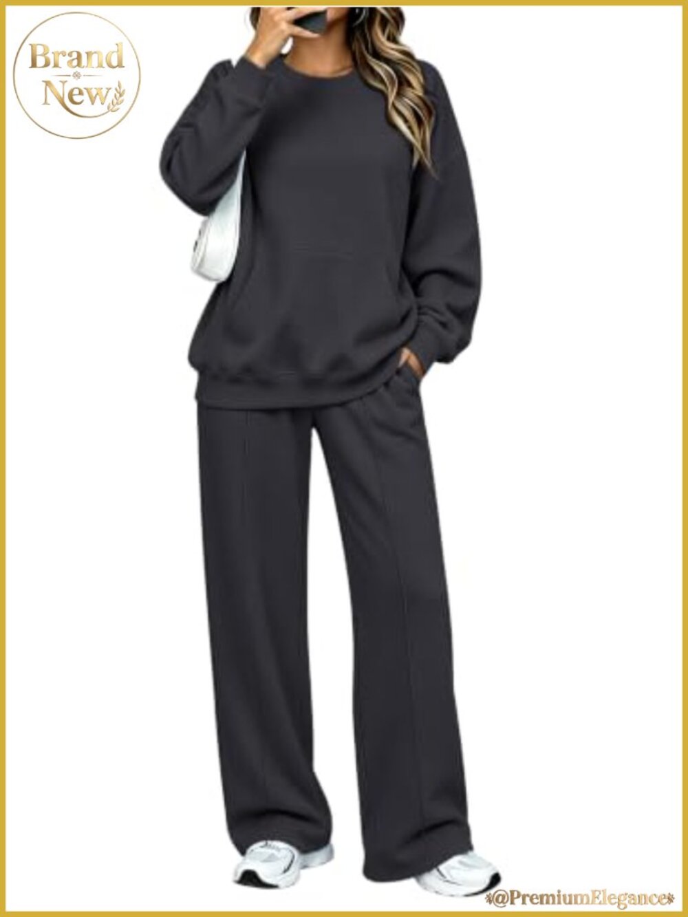 Womens 2 Piece Lounge Set Crew Neck Sweatshirt Wide Leg Sweatpants